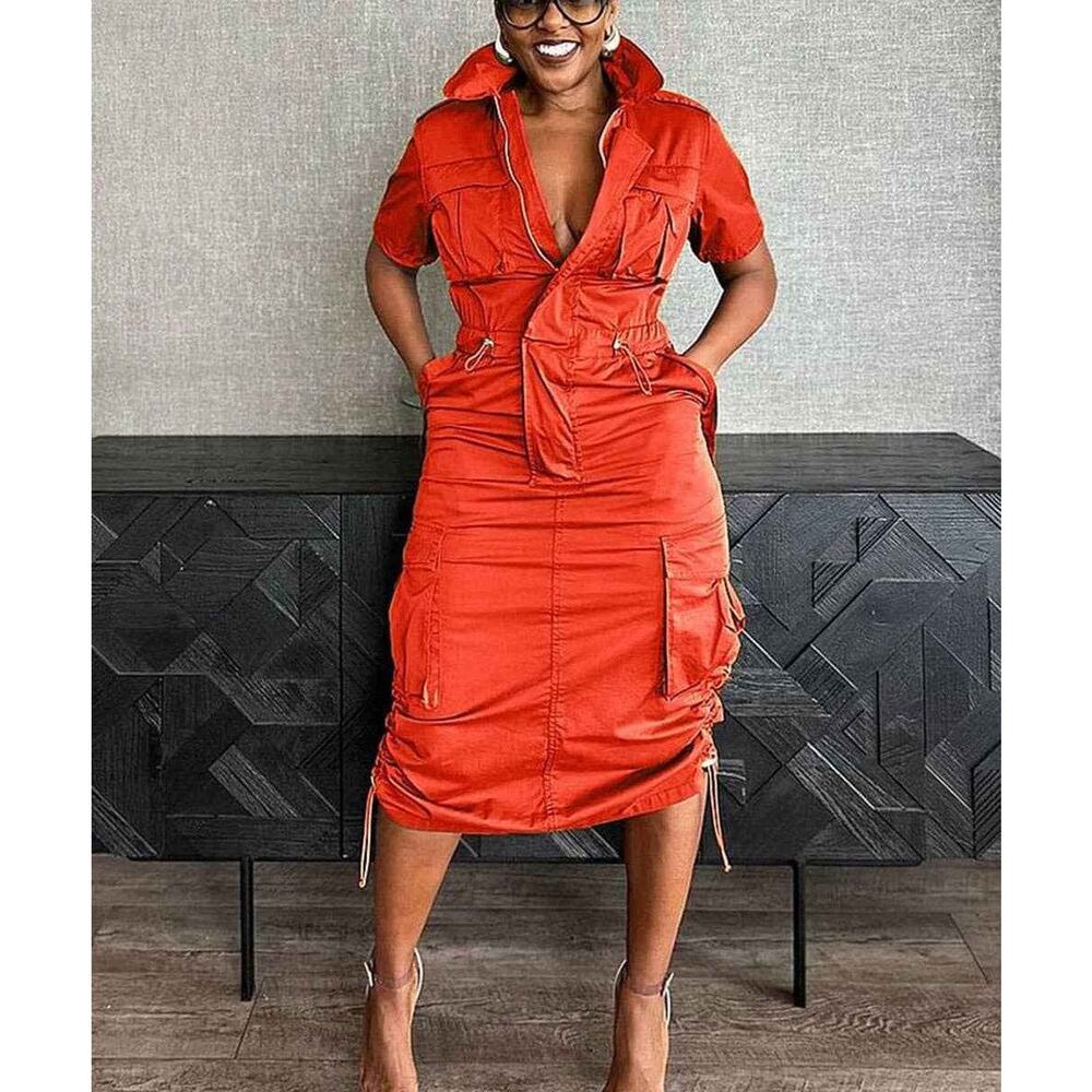 Rust Orange Multi-Pocket Cargo Drawstring Dress – Bold & Functional